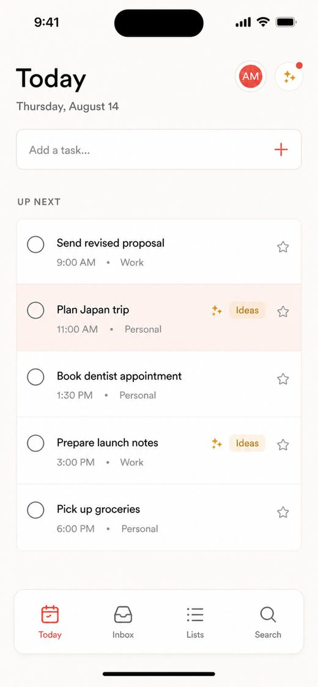 Handled Today list with an Ideas tag on Plan a trip to Japan