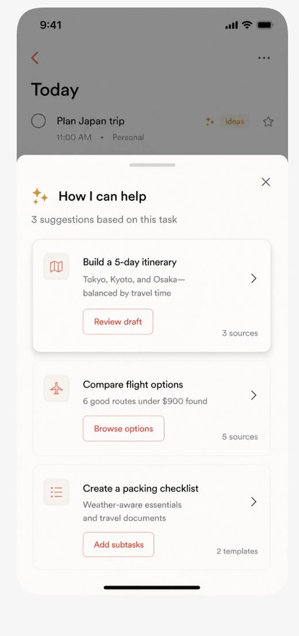 How I can help sheet with itinerary, flights, and packing