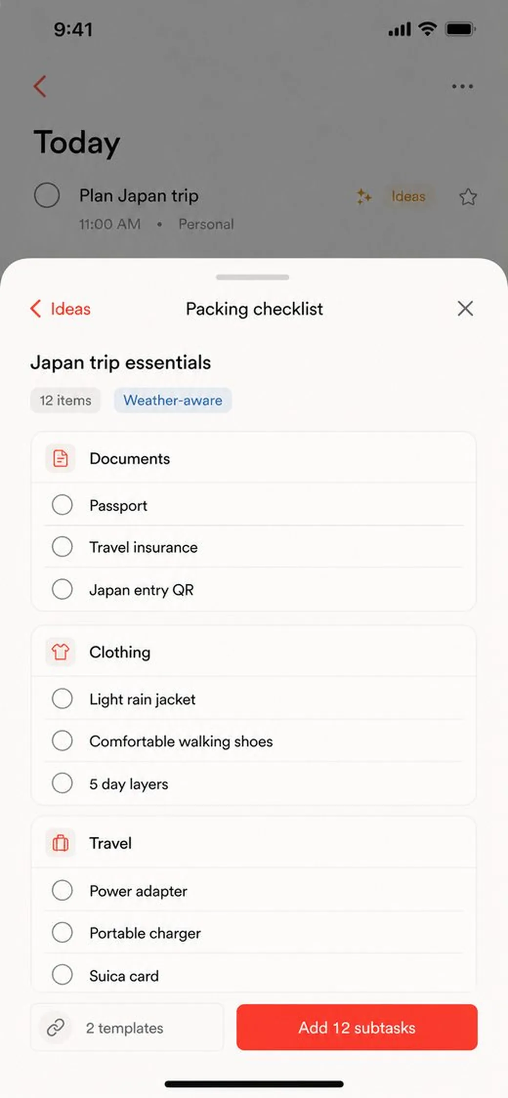Packing checklist approved as subtasks on the list